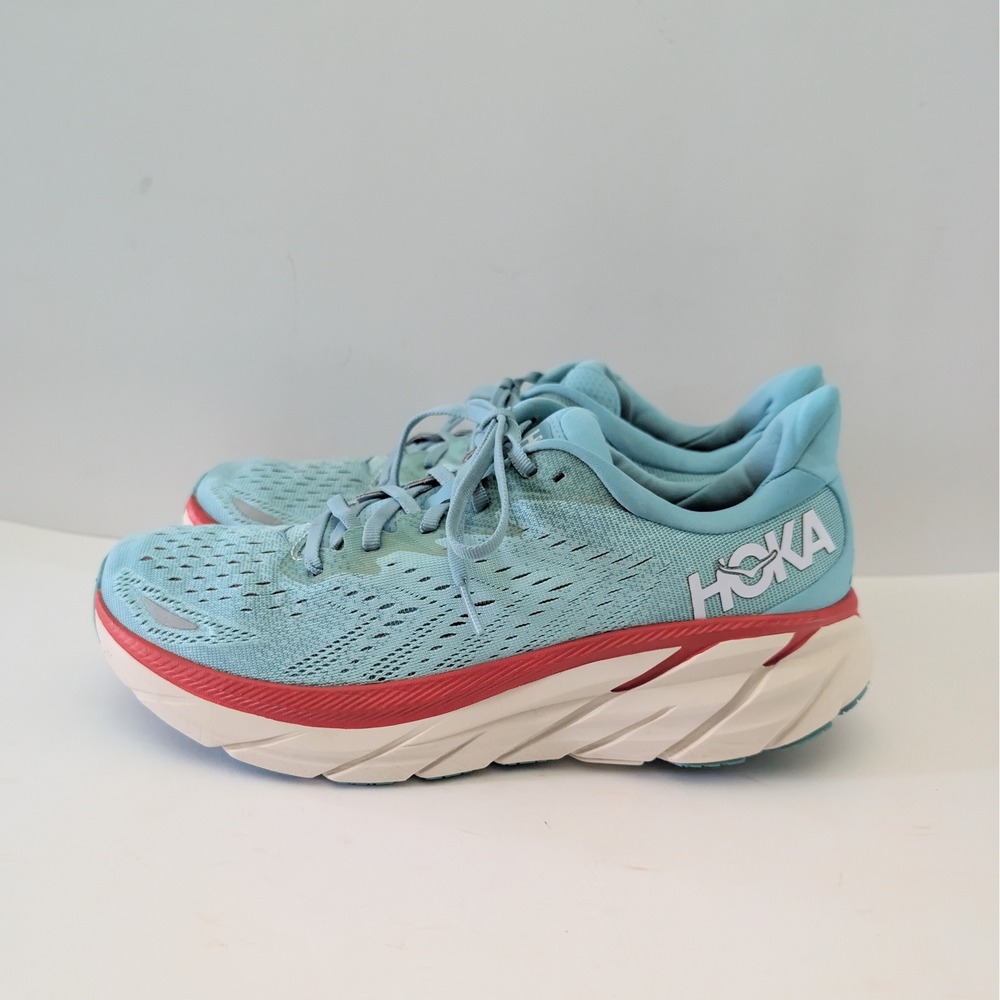 Hoka Clifton 8 Aqua Blue Red Women Running Shoes Sneakers 1119394 Sz 10B Great